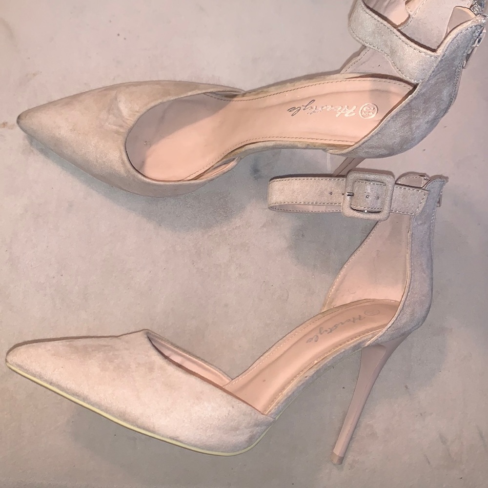 Beige ankle strap heels